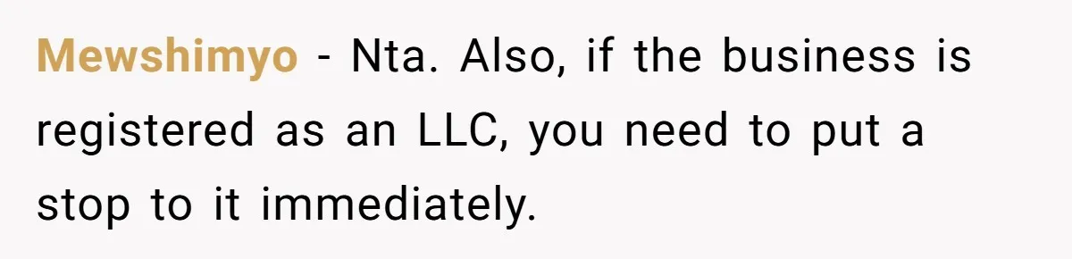 Mewshimyo − Nta. Also, if the business is registered as an LLC, you need to put a stop to it immediately.
