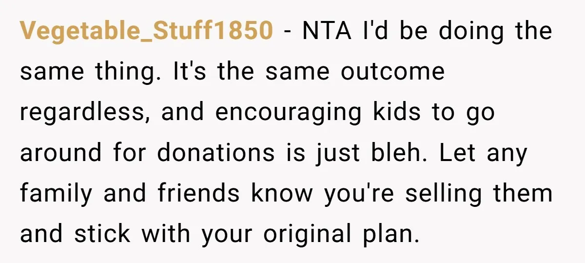 Vegetable_Stuff1850 − NTA I'd be doing the same thing. It's the same outcome regardless, and encouraging kids to go around for donations is just bleh. Let any family and friends...