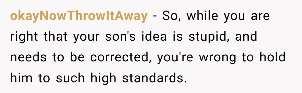 okayNowThrowItAway − So, while you are right that your son's idea is stupid, and needs to be corrected, you're wrong to hold him to such high standards.