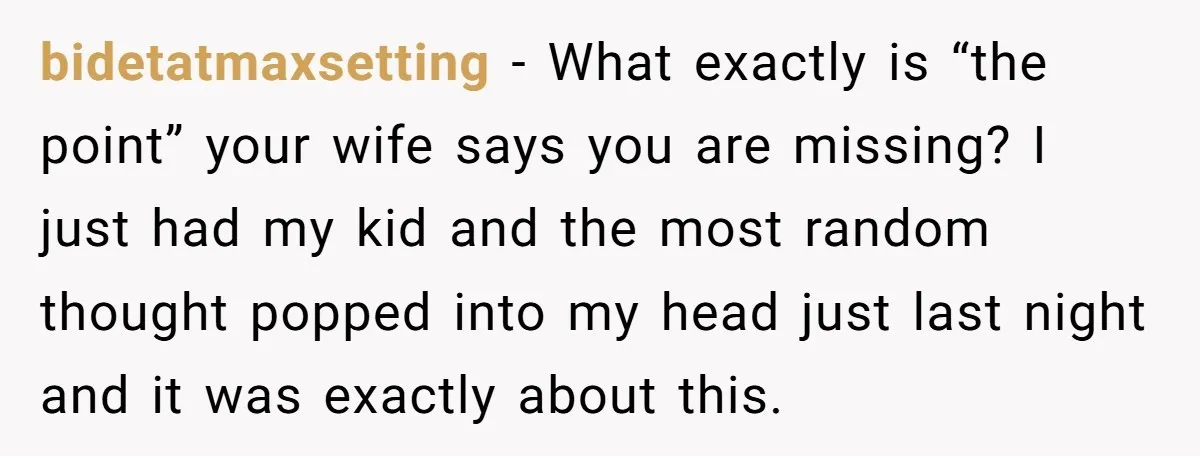 bidetatmaxsetting − What exactly is “the point” your wife says you are missing? I just had my kid and the most random thought popped into my head just last night...