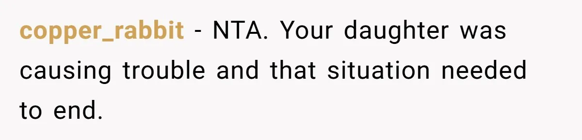 copper_rabbit − NTA. Your daughter was causing trouble and that situation needed to end.