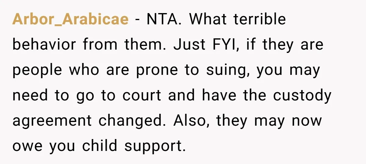 Arbor_Arabicae − NTA. What terrible behavior from them. Just FYI, if they are people who are prone to suing, you may need to go to court and have the custody...