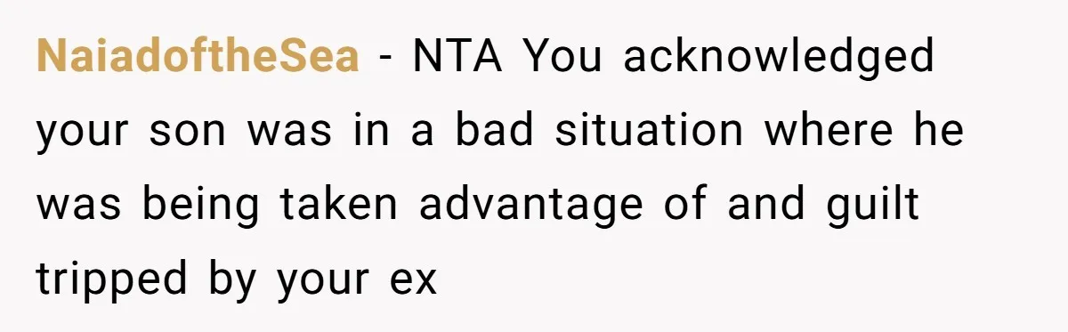 NaiadoftheSea − NTA You acknowledged your son was in a bad situation where he was being taken advantage of and guilt tripped by your ex