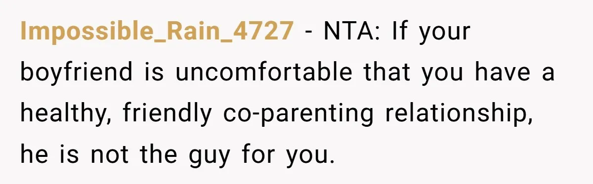 Impossible_Rain_4727 − NTA: If your boyfriend is uncomfortable that you have a healthy, friendly co-parenting relationship, he is not the guy for you.
