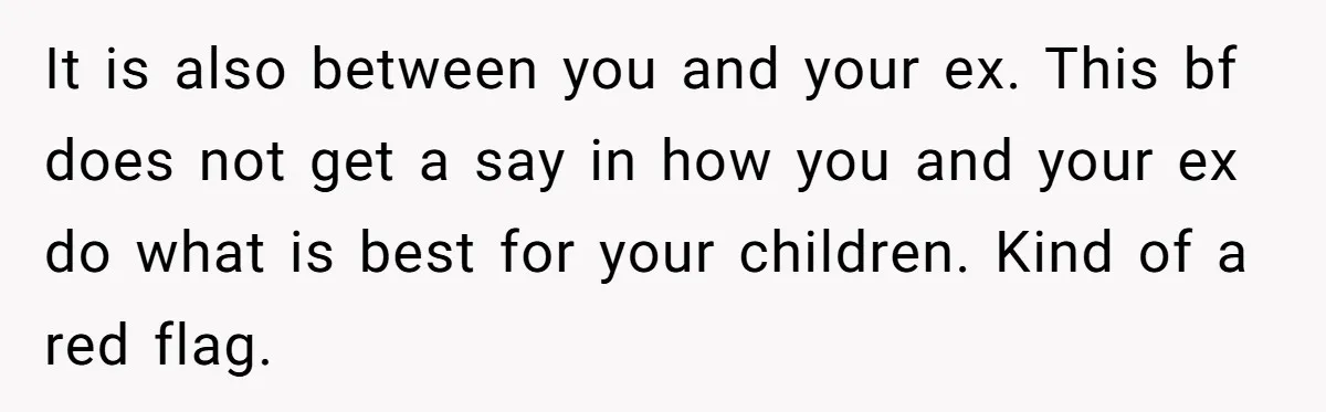 It is also between you and your ex. This bf does not get a say in how you and your ex do what is best for your children. Kind of...