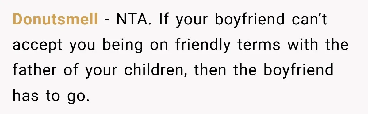 Donutsmell − NTA. If your boyfriend can’t accept you being on friendly terms with the father of your children, then the boyfriend has to go.