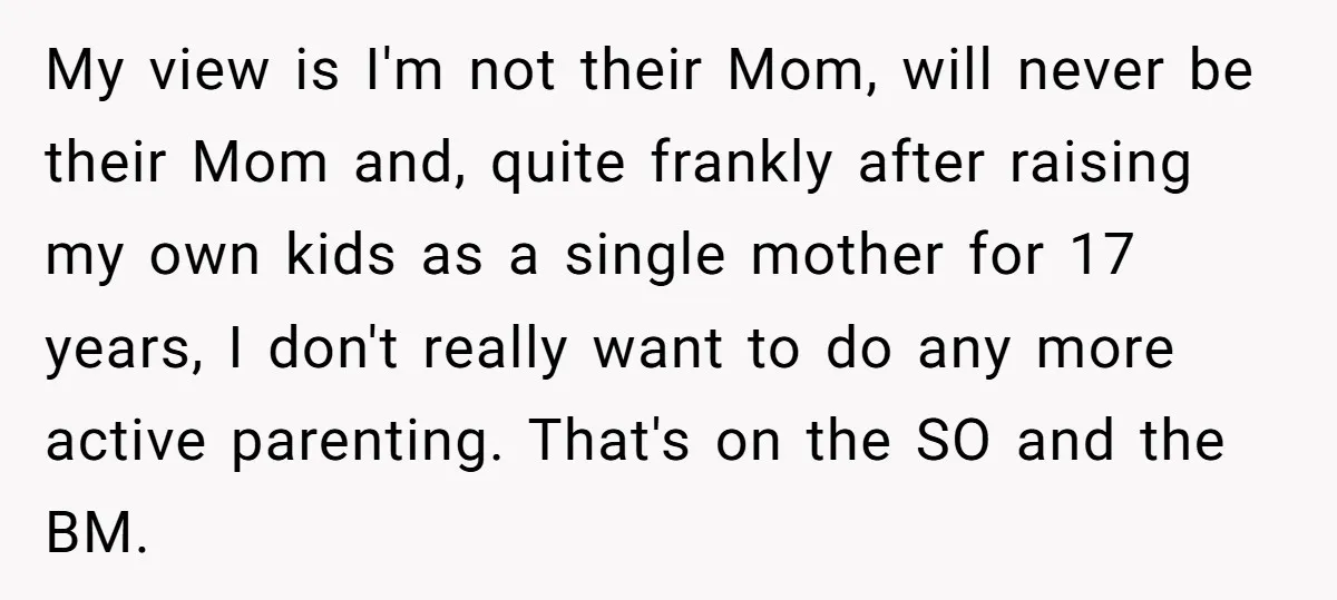 My view is I'm not their Mom, will never be their Mom and, quite frankly after raising my own kids as a single mother for 17 years, I don't really...