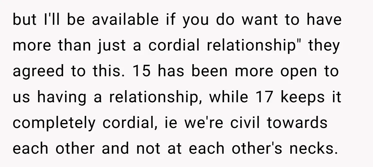 but I'll be available if you do want to have more than just a cordial relationship" they agreed to this. 15 has been more open to us having a relationship,...