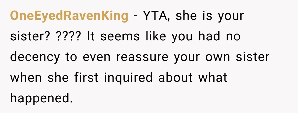OneEyedRavenKing − YTA, she is your sister? ???? It seems like you had no decency to even reassure your own sister when she first inquired about what happened.