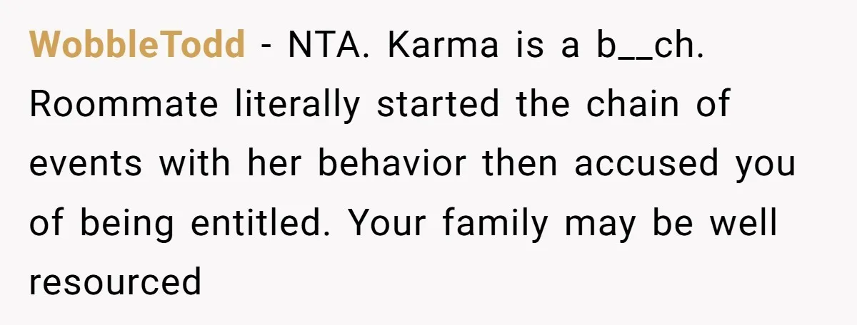 WobbleTodd − NTA. Karma is a b__ch. Roommate literally started the chain of events with her behavior then accused you of being entitled. Your family may be well resourced