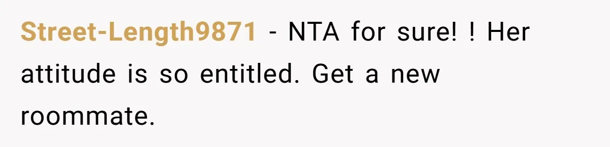 Street-Length9871 − NTA for sure! ! Her attitude is so entitled. Get a new roommate.