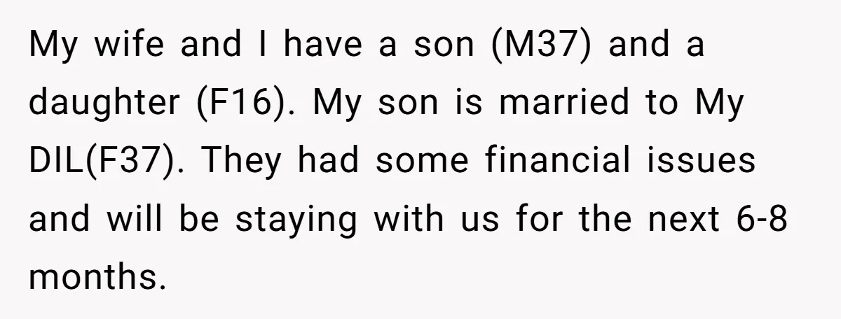 My wife and I have a son (M37) and a daughter (F16). My son is married to My DIL(F37). They had some financial issues and will be staying with us...