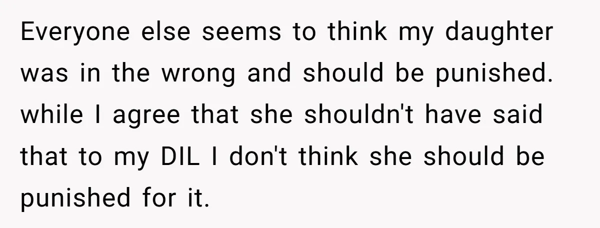 Everyone else seems to think my daughter was in the wrong and should be punished. while I agree that she shouldn't have said that to my DIL I don't think...