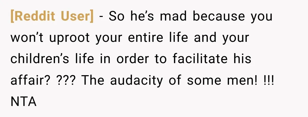 [Reddit User] − So he’s mad because you won’t uproot your entire life and your children’s life in order to facilitate his affair? ??? The audacity of some men! !!!...