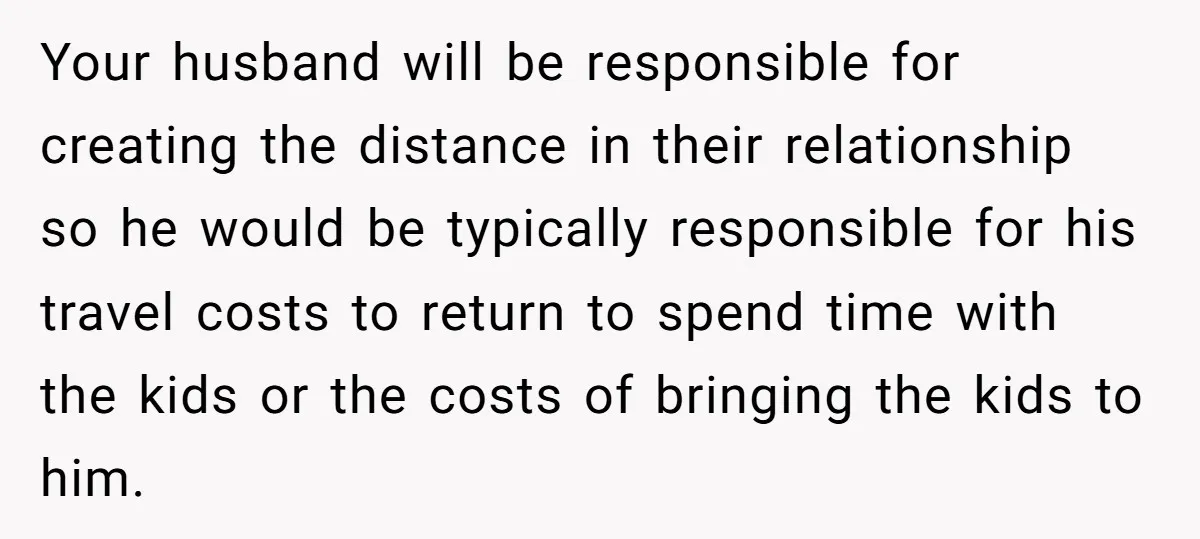 Your husband will be responsible for creating the distance in their relationship so he would be typically responsible for his travel costs to return to spend time with the kids...