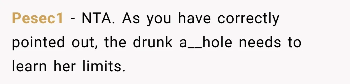 Pesec1 − NTA. As you have correctly pointed out, the drunk a__hole needs to learn her limits.