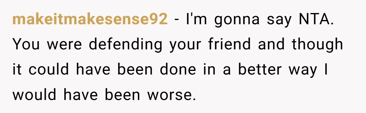 makeitmakesense92 − I'm gonna say NTA. You were defending your friend and though it could have been done in a better way I would have been worse.