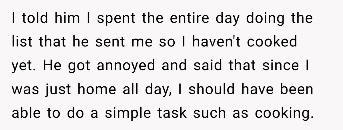 I told him I spent the entire day doing the list that he sent me so I haven't cooked yet. He got annoyed and said that since I was just...