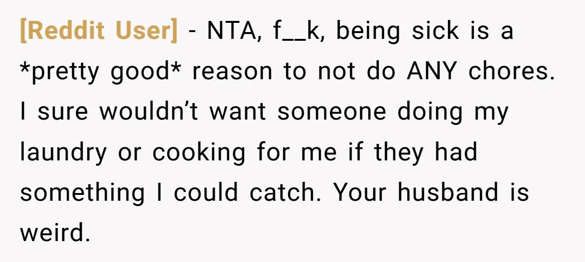 [Reddit User] − NTA, f__k, being sick is a *pretty good* reason to not do ANY chores. I sure wouldn’t want someone doing my laundry or cooking for me if...