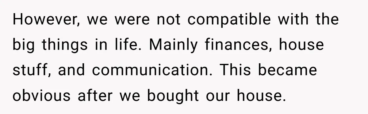 However, we were not compatible with the big things in life. Mainly finances, house stuff, and communication. This became obvious after we bought our house.