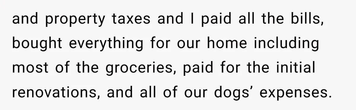 and property taxes and I paid all the bills, bought everything for our home including most of the groceries, paid for the initial renovations, and all of our dogs’ expenses.