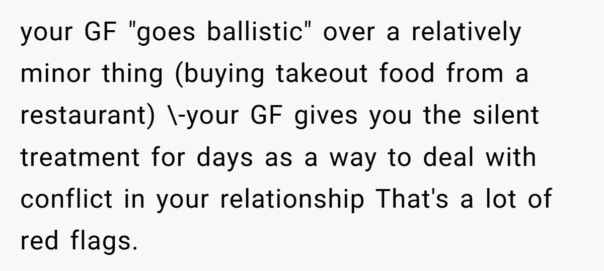 your GF "goes ballistic" over a relatively minor thing (buying takeout food from a restaurant) \-your GF gives you the silent treatment for days as a way to deal with...