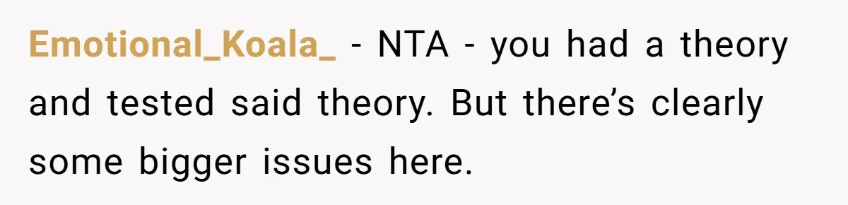 Emotional_Koala_ − NTA - you had a theory and tested said theory. But there’s clearly some bigger issues here.