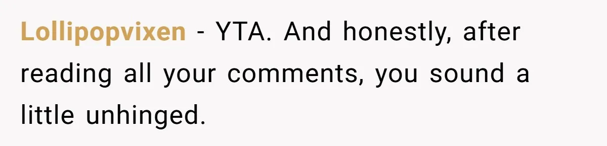 Lollipopvixen − YTA. And honestly, after reading all your comments, you sound a little unhinged.