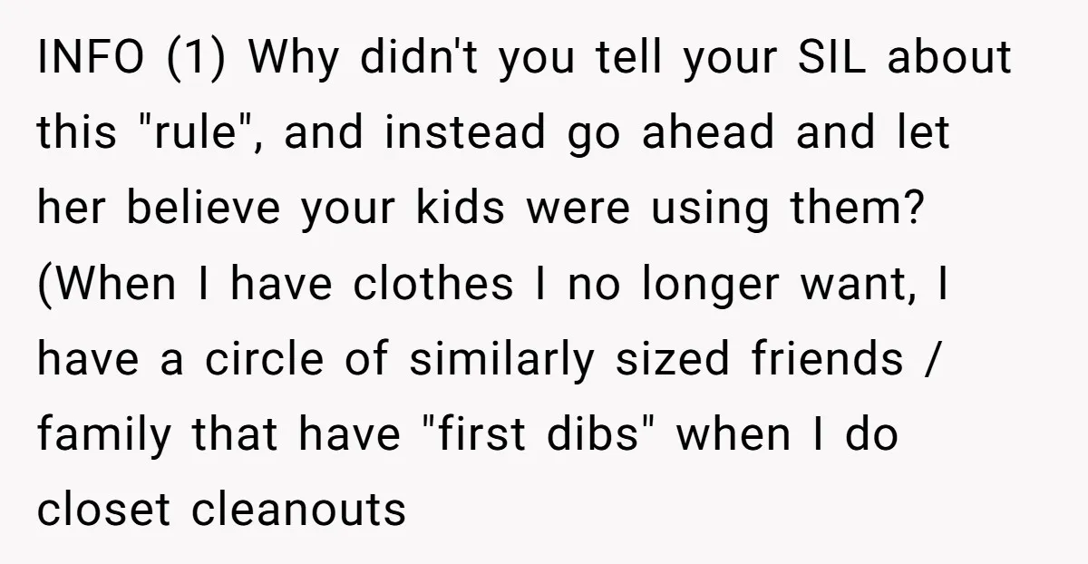 INFO (1) Why didn't you tell your SIL about this "rule", and instead go ahead and let her believe your kids were using them? (When I have clothes I no...