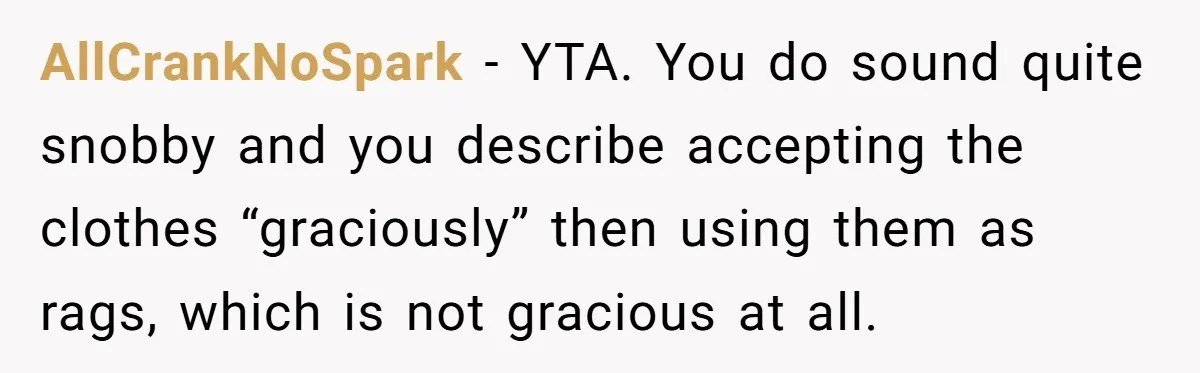AllCrankNoSpark − YTA. You do sound quite snobby and you describe accepting the clothes “graciously” then using them as rags, which is not gracious at all.