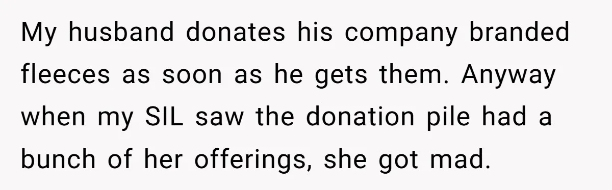 My husband donates his company branded fleeces as soon as he gets them. Anyway when my SIL saw the donation pile had a bunch of her offerings, she got mad.