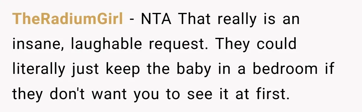 TheRadiumGirl − NTA That really is an insane, laughable request. They could literally just keep the baby in a bedroom if they don't want you to see it at first.