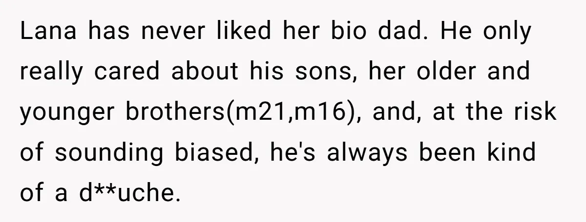 Lana has never liked her bio dad. He only really cared about his sons, her older and younger brothers(m21,m16), and, at the risk of sounding biased, he's always been kind...