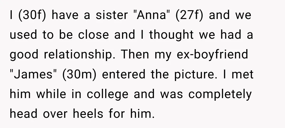 I (30f) have a sister "Anna" (27f) and we used to be close and I thought we had a good relationship. Then my ex-boyfriend "James" (30m) entered the picture. I...