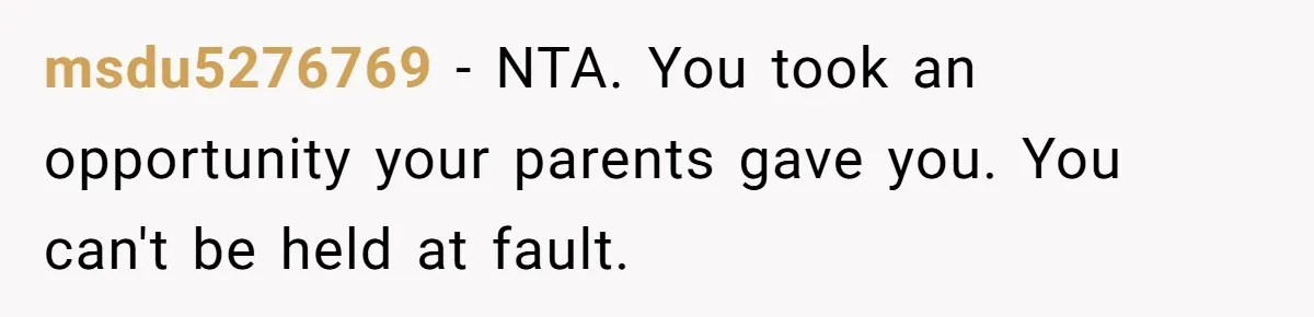 msdu5276769 − NTA. You took an opportunity your parents gave you. You can't be held at fault.