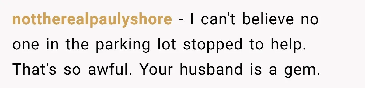 nottherealpaulyshore − I can't believe no one in the parking lot stopped to help. That's so awful. Your husband is a gem.