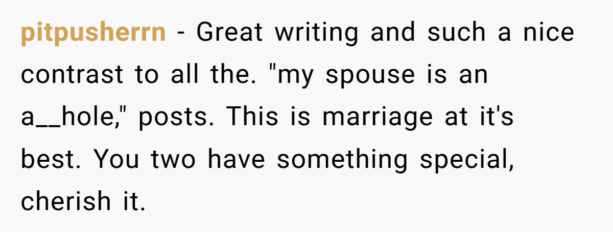 pitpusherrn − Great writing and such a nice contrast to all the. "my spouse is an a__hole," posts. This is marriage at it's best. You two have something special, cherish...