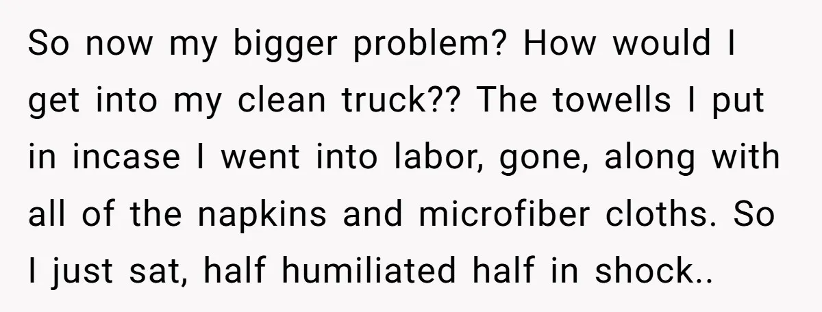 So now my bigger problem? How would I get into my clean truck?? The towells I put in incase I went into labor, gone, along with all of the napkins...