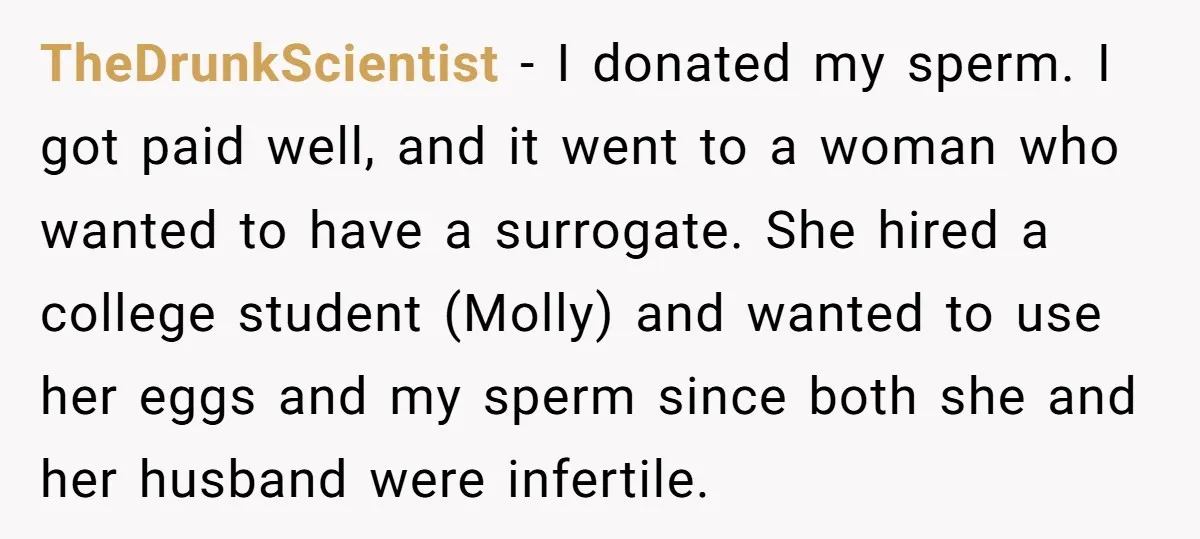 TheDrunkScientist − I donated my sperm. I got paid well, and it went to a woman who wanted to have a surrogate. She hired a college student (Molly) and wanted...