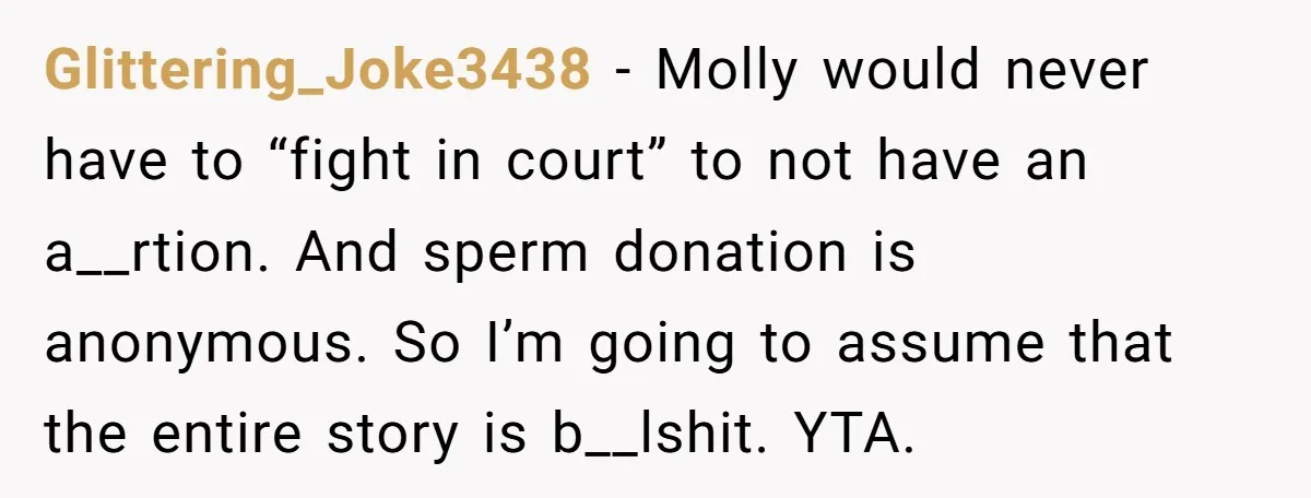 Glittering_Joke3438 − Molly would never have to “fight in court” to not have an a__rtion. And sperm donation is anonymous. So I’m going to assume that the entire story is...