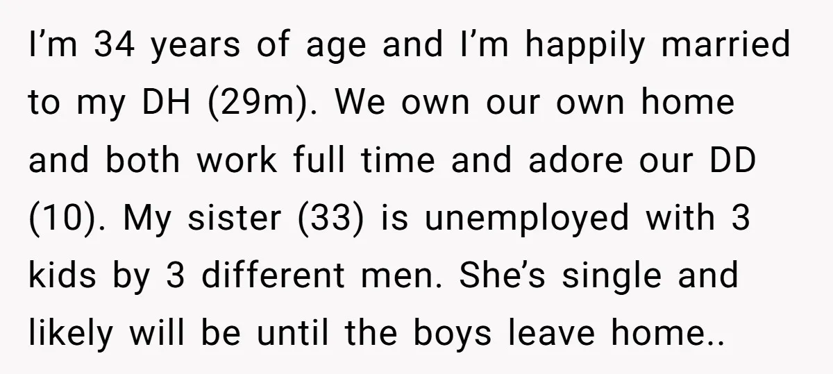 I’m 34 years of age and I’m happily married to my DH (29m). We own our own home and both work full time and adore our DD (10). My sister...