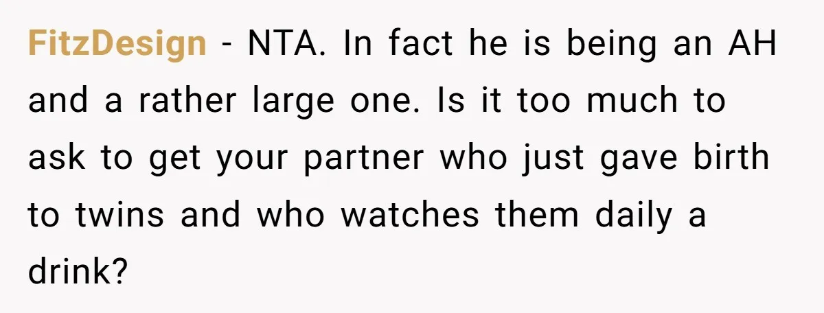 FitzDesign − NTA. In fact he is being an AH and a rather large one. Is it too much to ask to get your partner who just gave birth to...