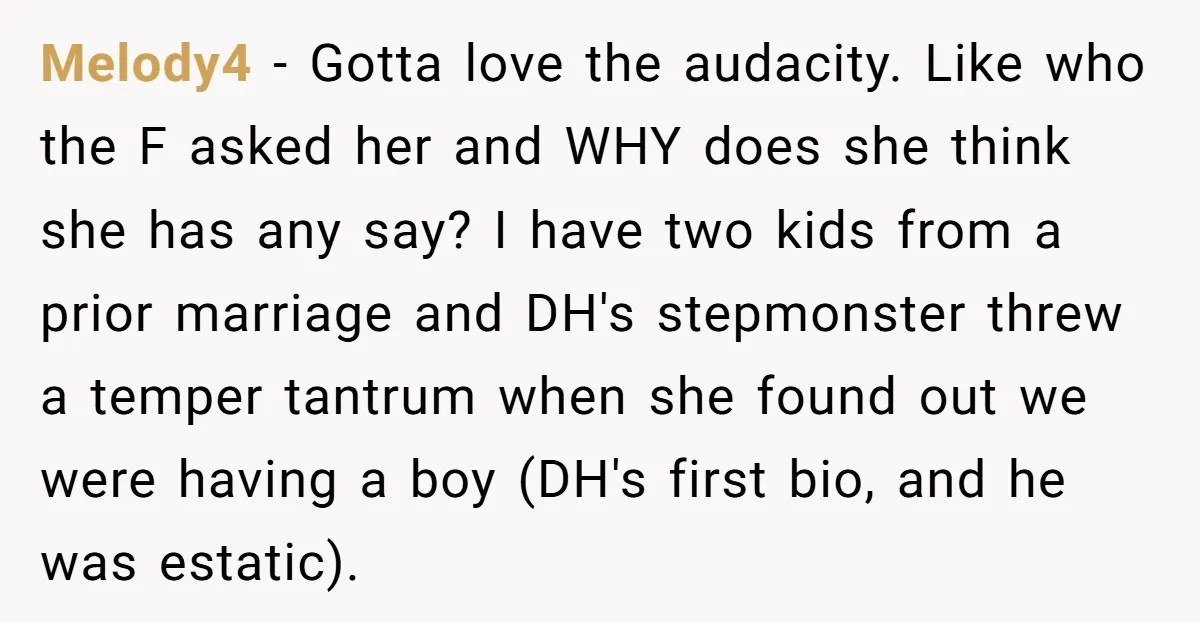 Melody4 − Gotta love the audacity. Like who the F asked her and WHY does she think she has any say? I have two kids from a prior marriage and...