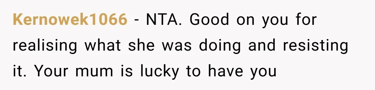 Kernowek1066 − NTA. Good on you for realising what she was doing and resisting it. Your mum is lucky to have you