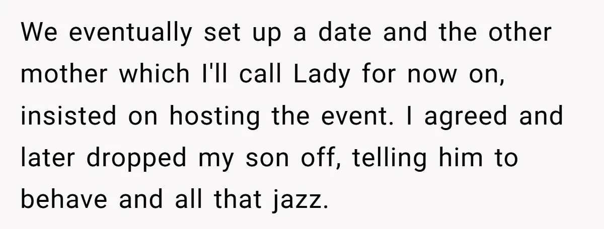 We eventually set up a date and the other mother which I'll call Lady for now on, insisted on hosting the event. I agreed and later dropped my son off,...