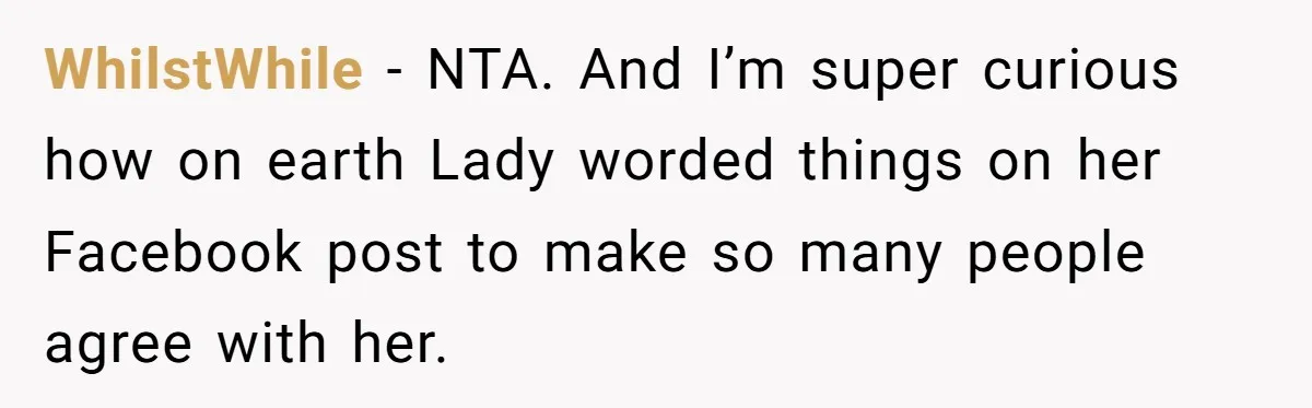 WhilstWhile − NTA. And I’m super curious how on earth Lady worded things on her Facebook post to make so many people agree with her.