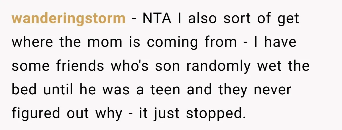 wanderingstorm − NTA I also sort of get where the mom is coming from - I have some friends who's son randomly wet the bed until he was a teen...