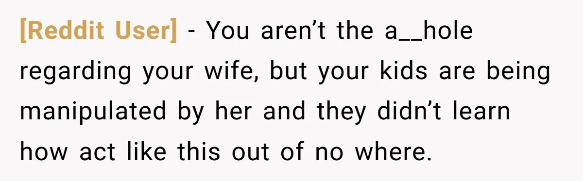 [Reddit User] − You aren’t the a__hole regarding your wife, but your kids are being manipulated by her and they didn’t learn how act like this out of no where.