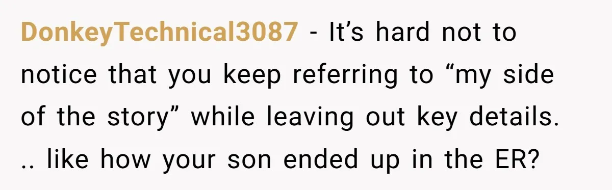 DonkeyTechnical3087 − It’s hard not to notice that you keep referring to “my side of the story” while leaving out key details. .. like how your son ended up in...