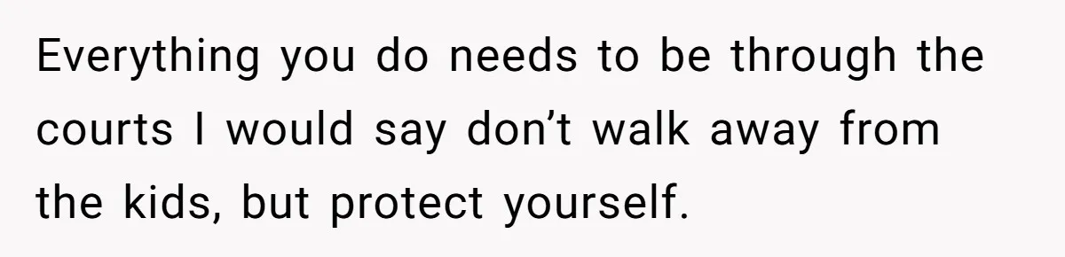 Everything you do needs to be through the courts I would say don’t walk away from the kids, but protect yourself.